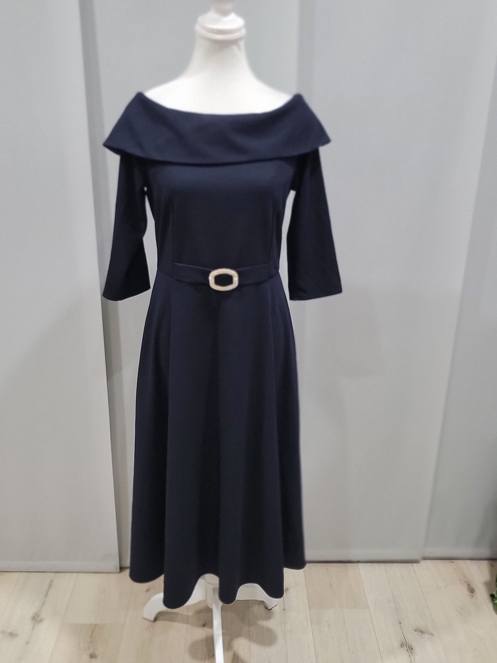 Joseph Ribkoff Navy Off-Shoulder Midi Dress with Belt